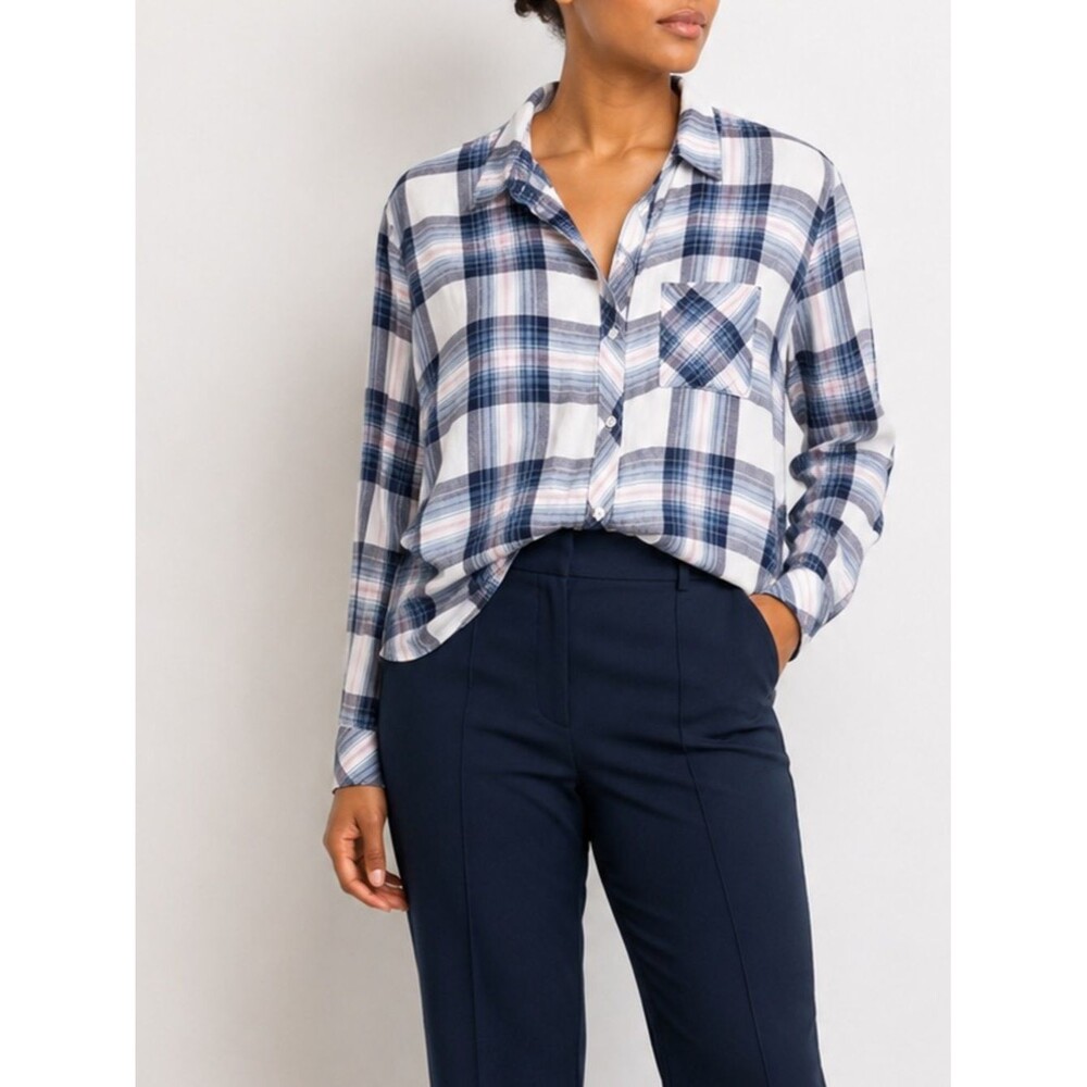 Rails White Plaid Shirt with Navy & Light Pink Stripes Women’s Size Large